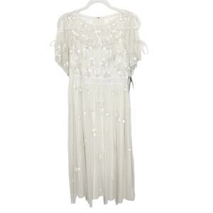 Adrianna Papell NWT Pearl Cream Beaded Sequin Flutter Sheer Sleeves Midi Dress